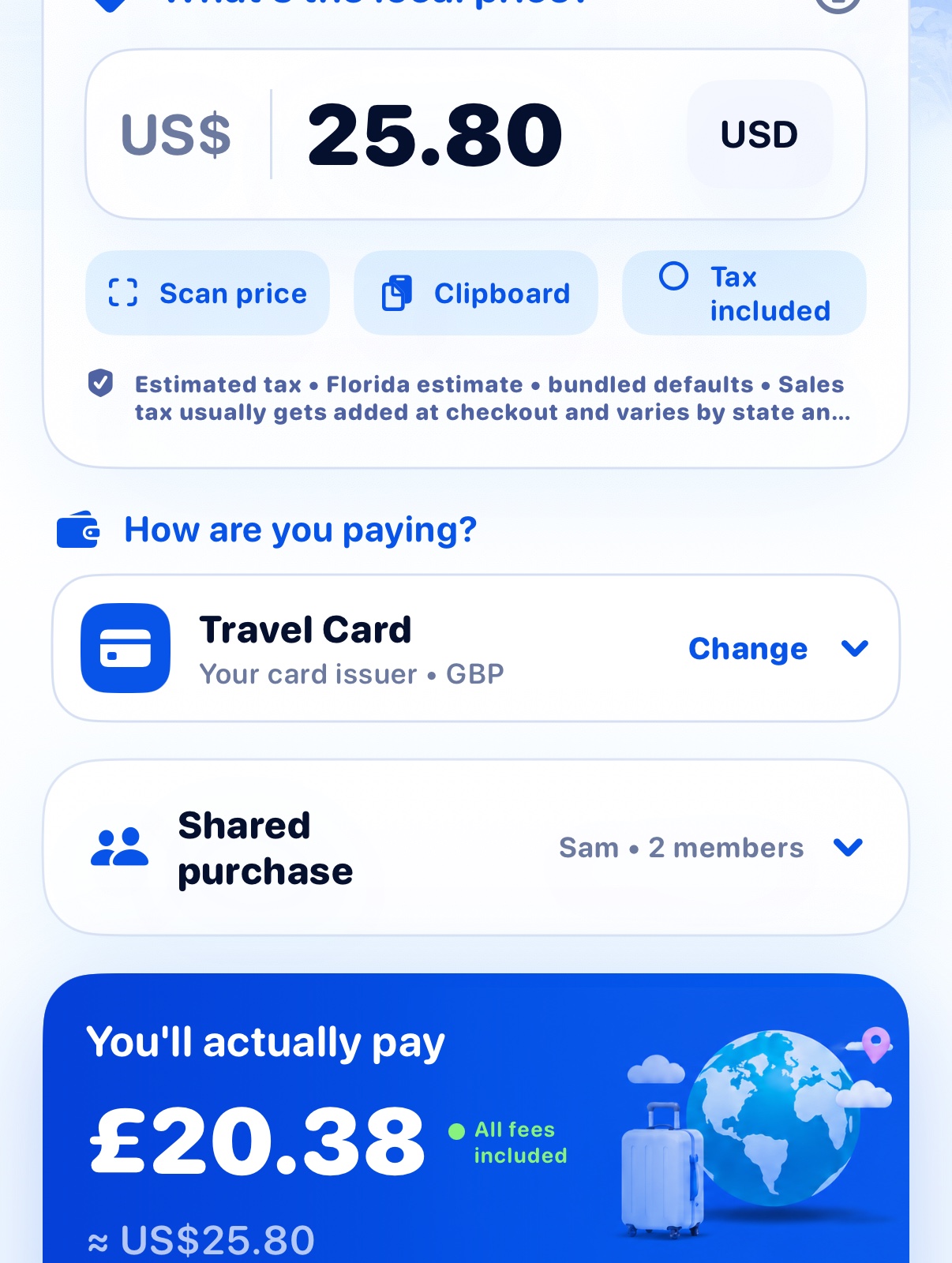 iPhone calculator showing a Florida price, Travel Card and Shared purchase for Sam and two members