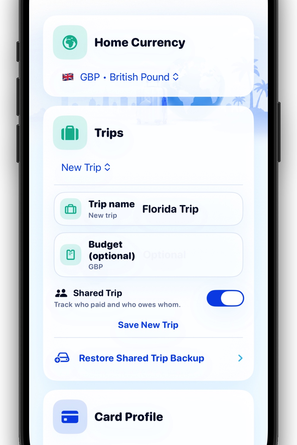New Trip screen with Florida Trip named and Shared Trip switched on