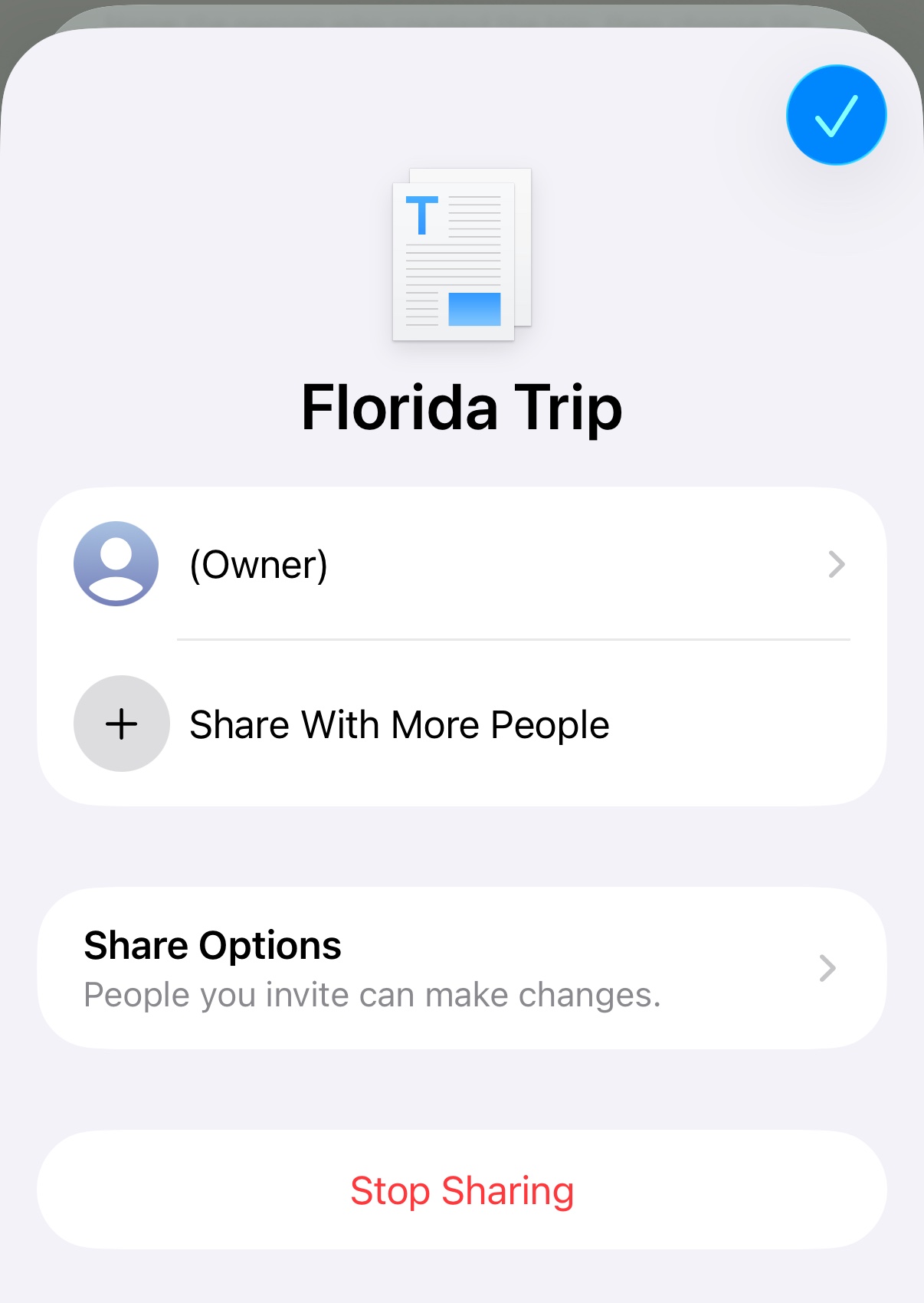 iCloud sharing screen for inviting more people to Florida Trip