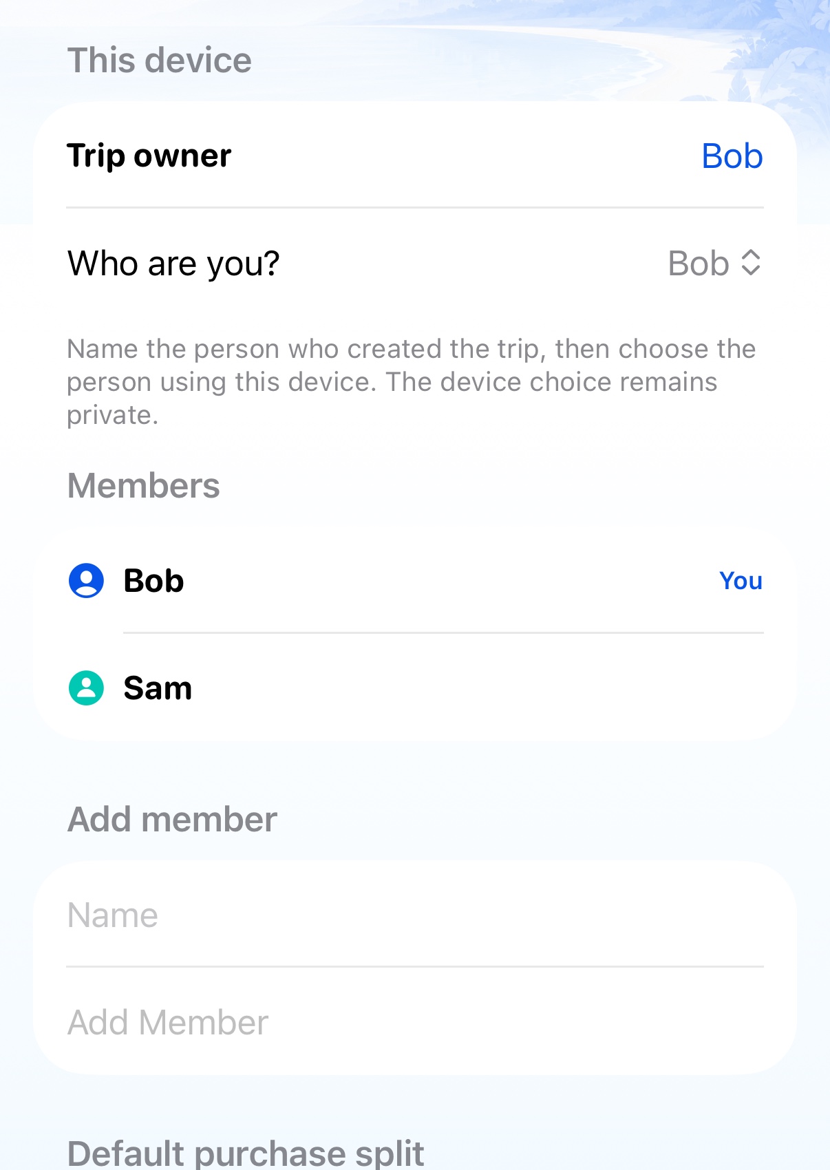 Florida Trip setup showing Bob and Sam as members and the default purchase split section